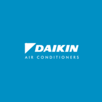 Le logo des climatiseurs Daikin est sur fond bleu