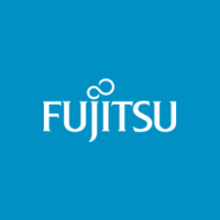 Le logo fujitsu est sur fond bleu.