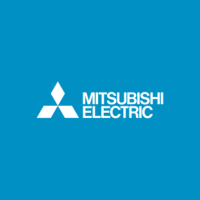 Le logo mitsubishi electric est sur fond bleu.