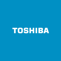 Le logo Toshiba est sur fond bleu.