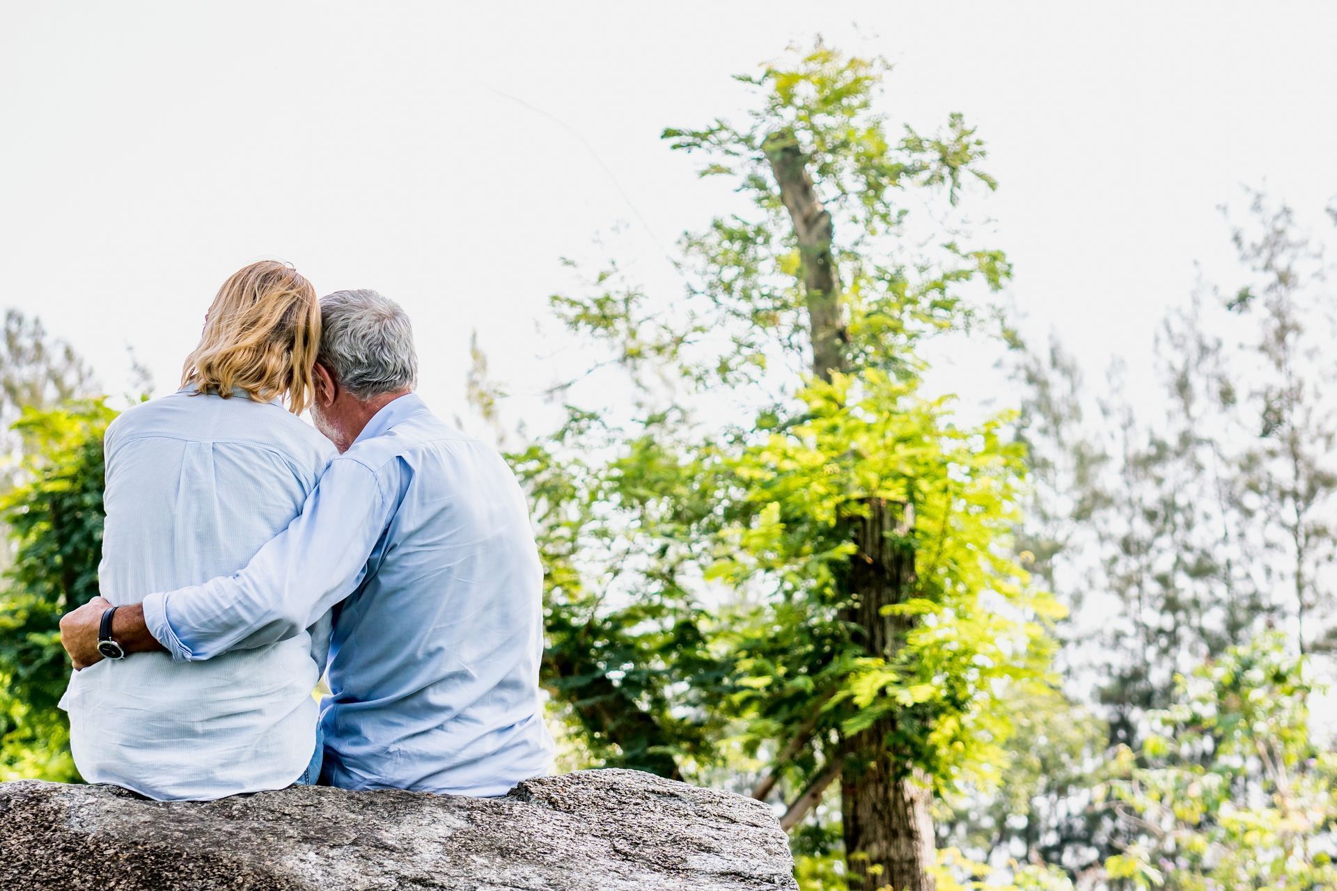 Una pareja mayor, de cabello gris, abrazándose y sentados en una roca, con vistas a un exuberante paisaje verde.