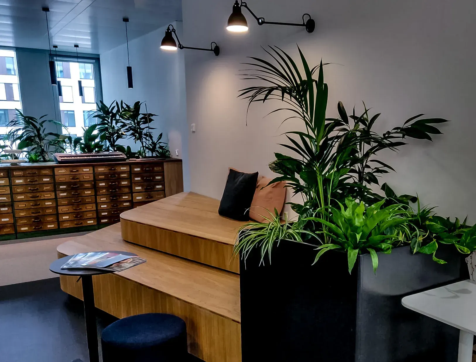 Ein Raum mit vielen Pflanzen und einem Tisch