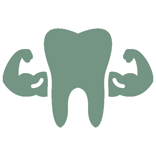 Dente com bíceps flexionado, significando força e saúde bucal.