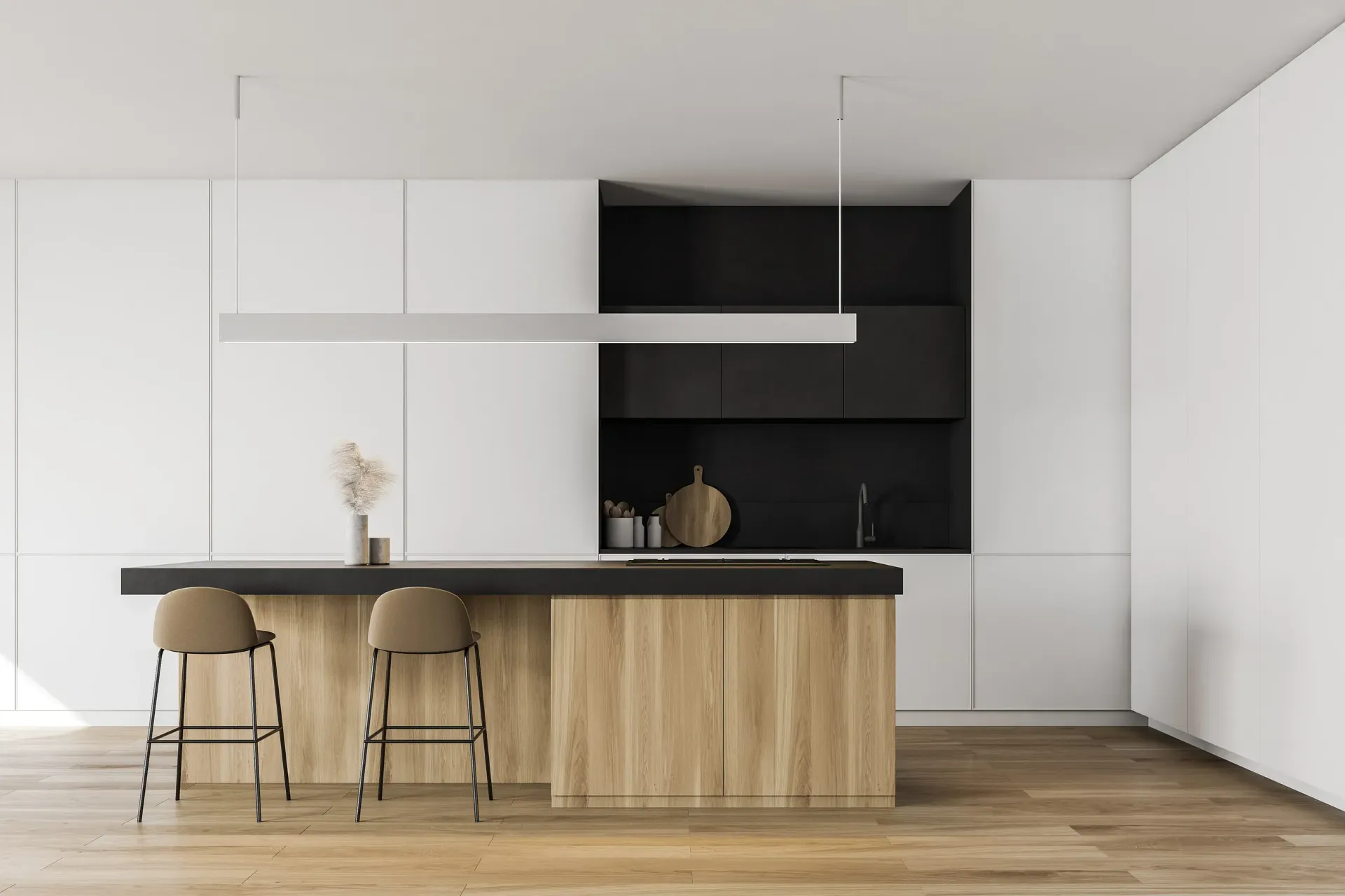 Una cocina moderna con isla de madera y taburetes.