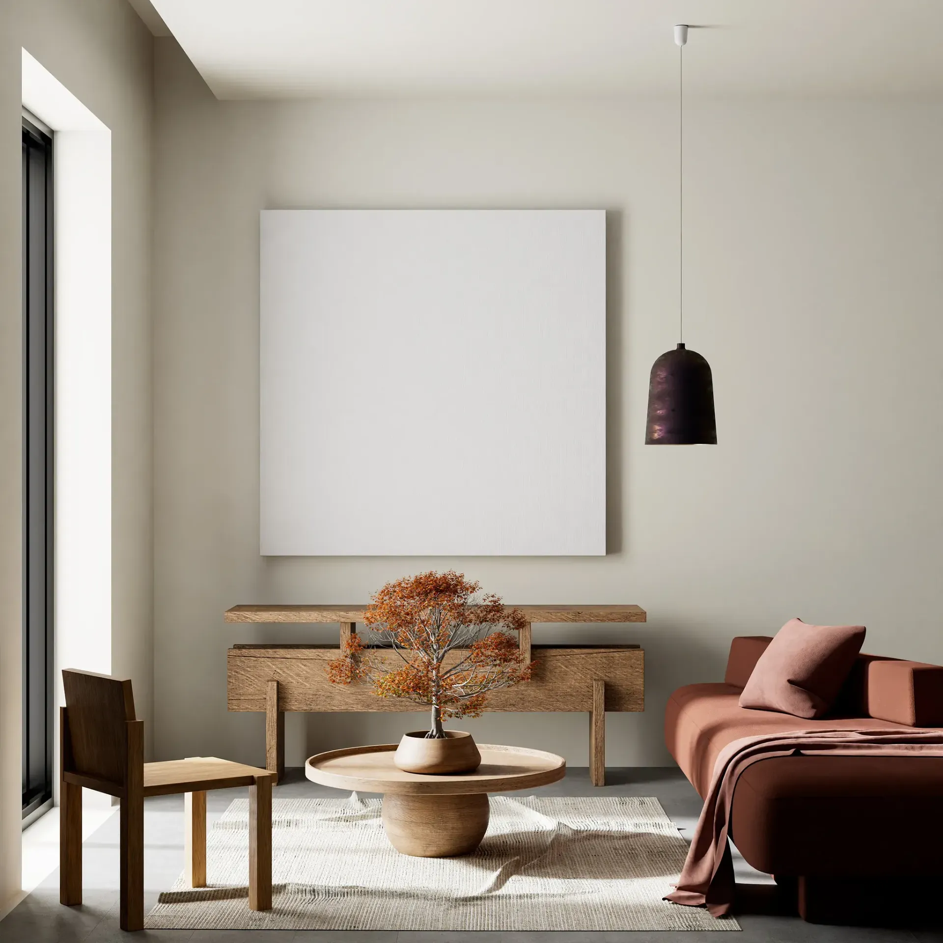 Una sala de estar con un sofá, una mesa, una silla y un cuadro en la pared.