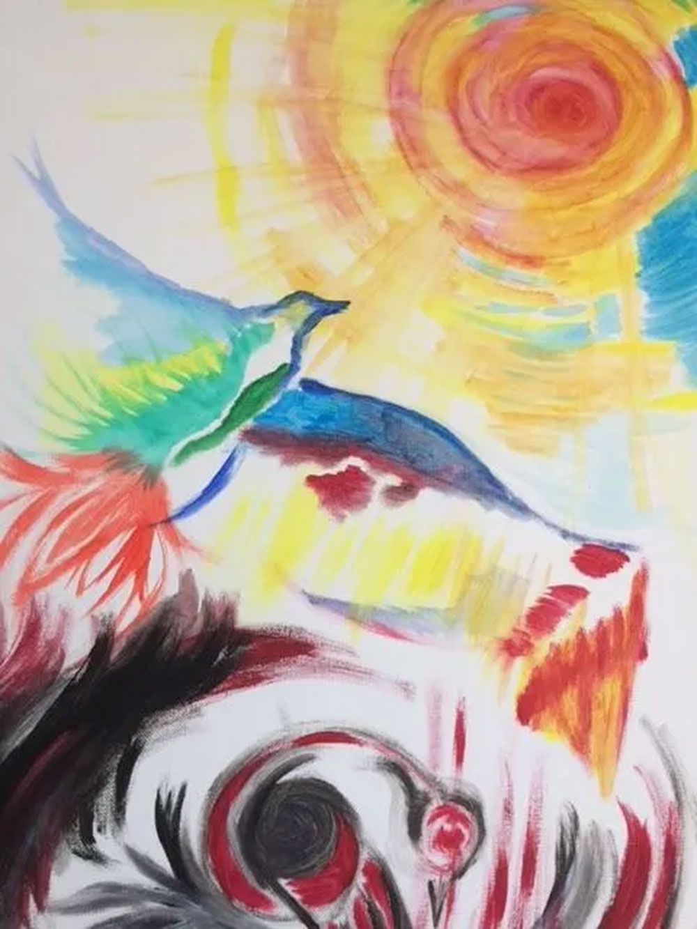 Farbenfrohes abstraktes Gemälde eines Gesichts mit einem Vogel und einer wirbelnden gelb-roten Sonne darüber