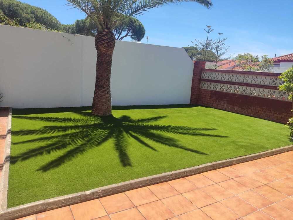 Patio trasero con césped artificial, una palmera y una pared blanca que proyecta sombras.