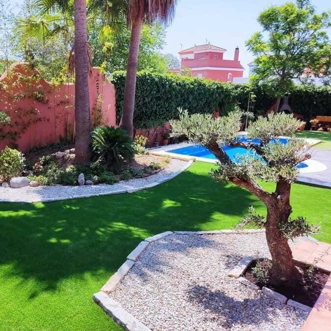 Un exuberante jardín verde con una piscina al fondo.