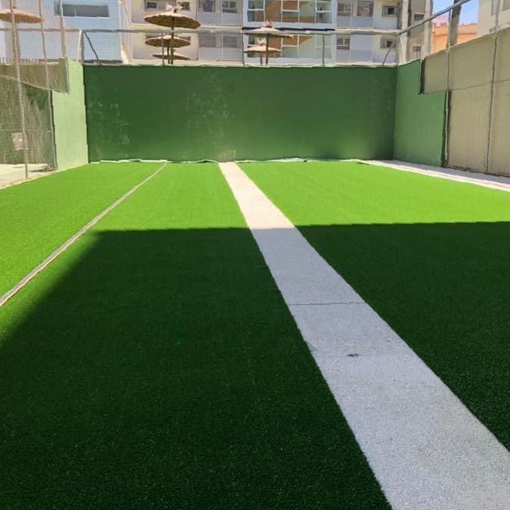 Un campo de fútbol con una línea blanca que lo atraviesa.