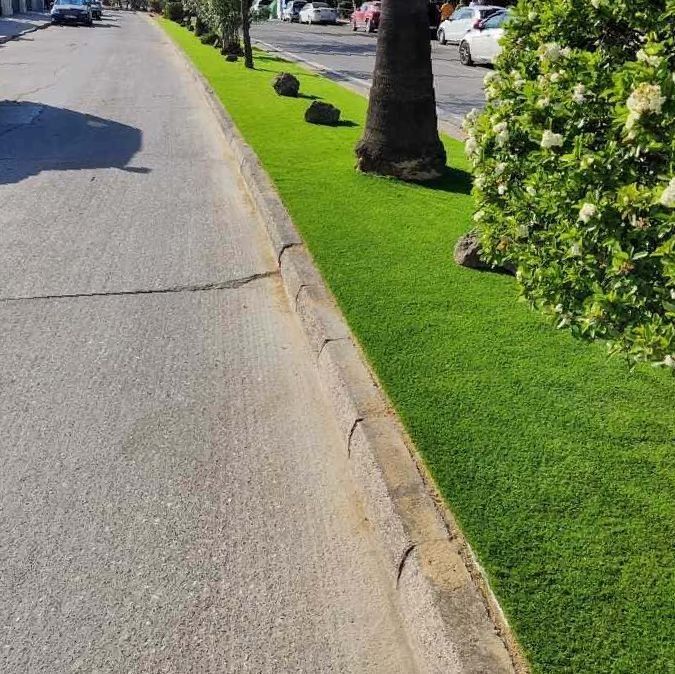 Una calle con mucho césped a los lados.