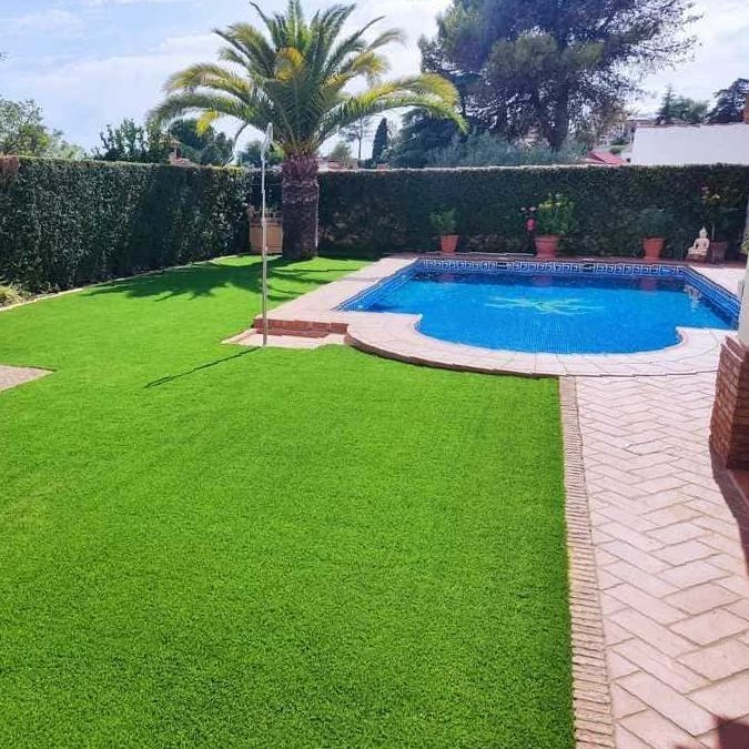 Una gran piscina está rodeada de un exuberante césped verde.