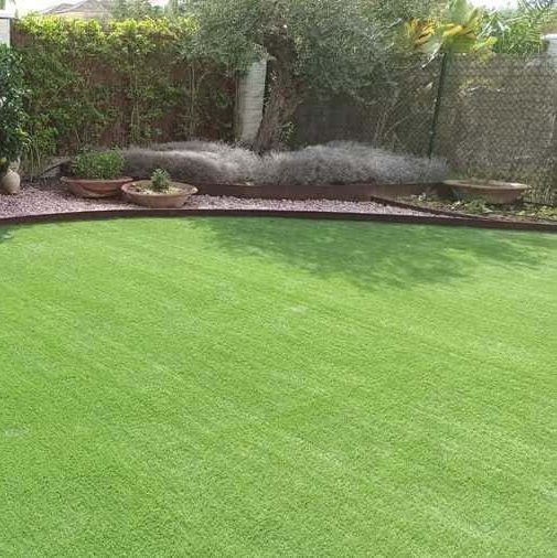 Un césped verde y exuberante en un patio trasero con plantas en macetas y una cerca.