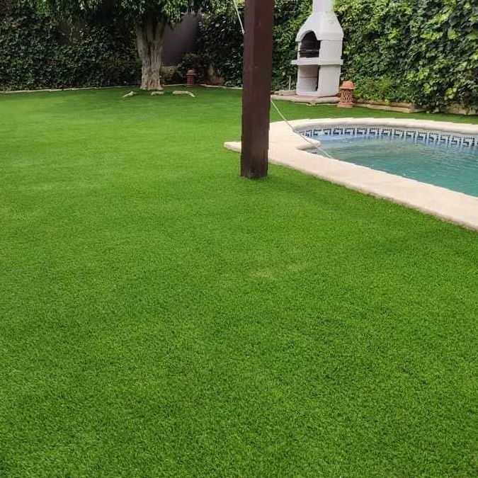 Hay una piscina en el patio trasero con barbacoa.