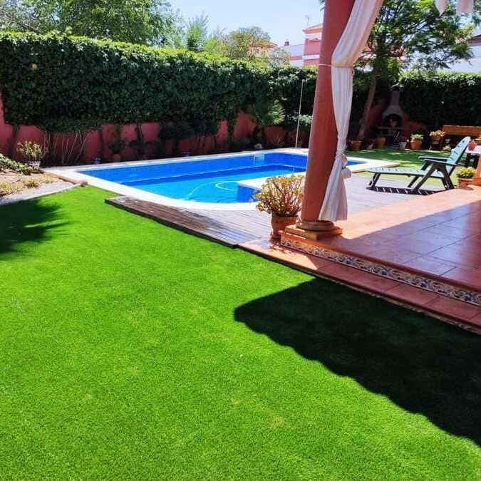 Hay una gran piscina en el patio trasero de una casa.