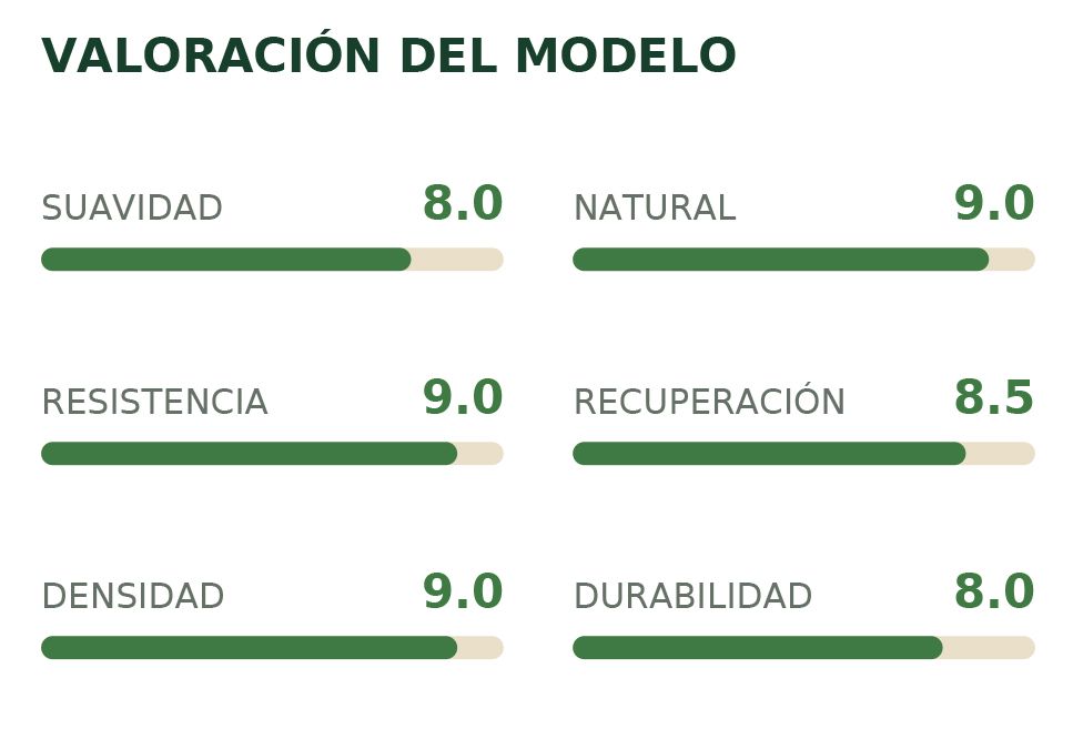Valoración del modelo con barras verdes: suavidad, natural, resistencia, recuperación, densidad y durabilidad.