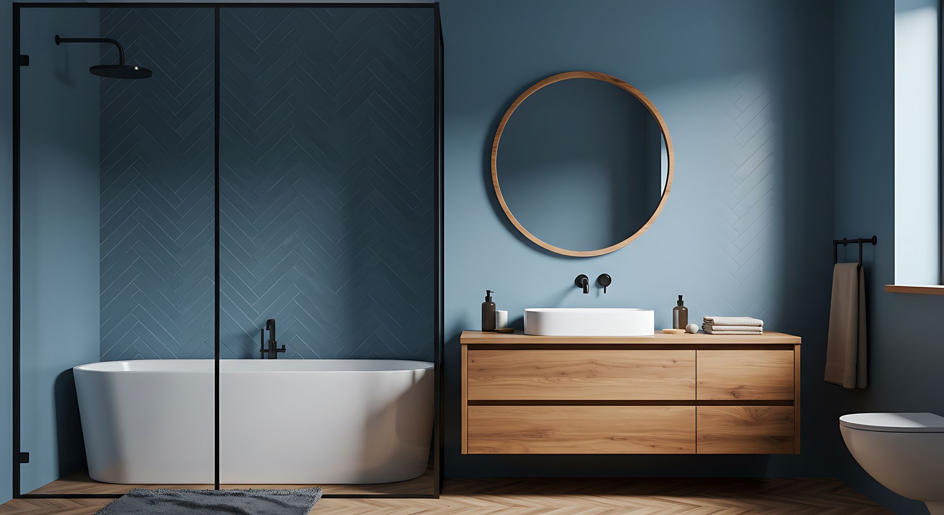 Salle de bains moderne avec douche en verre, baignoire en îlot, meuble sous lavabo en bois, miroir rond et murs bleus.