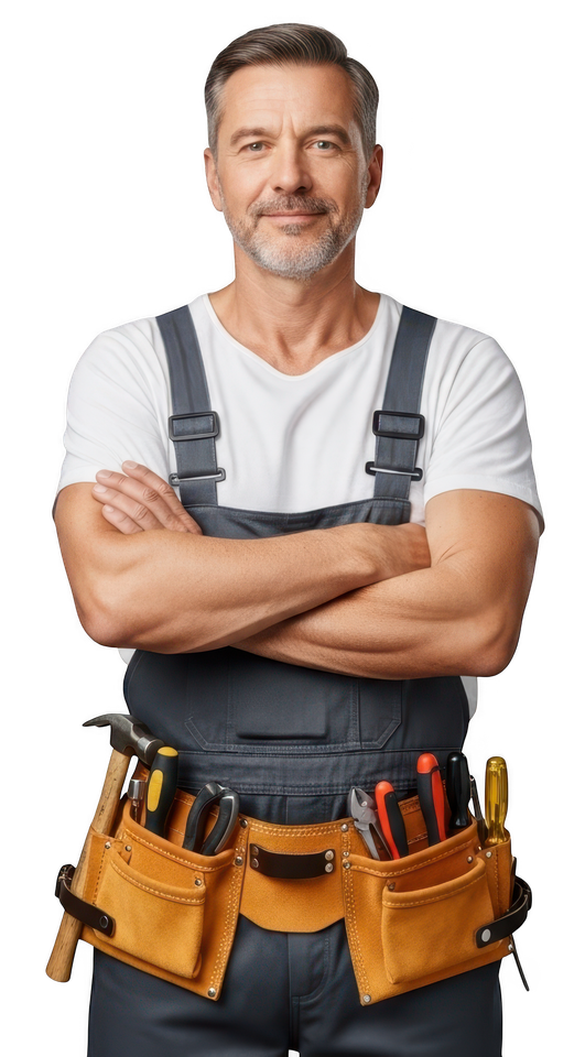 Personne en salopette grise et ceinture à outils, debout, les bras croisés, sur fond blanc.