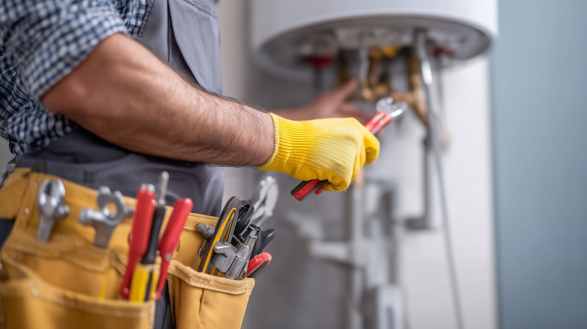Un électricien ganté utilise une pince pour travailler sur le câblage à l'intérieur d'un panneau mural.