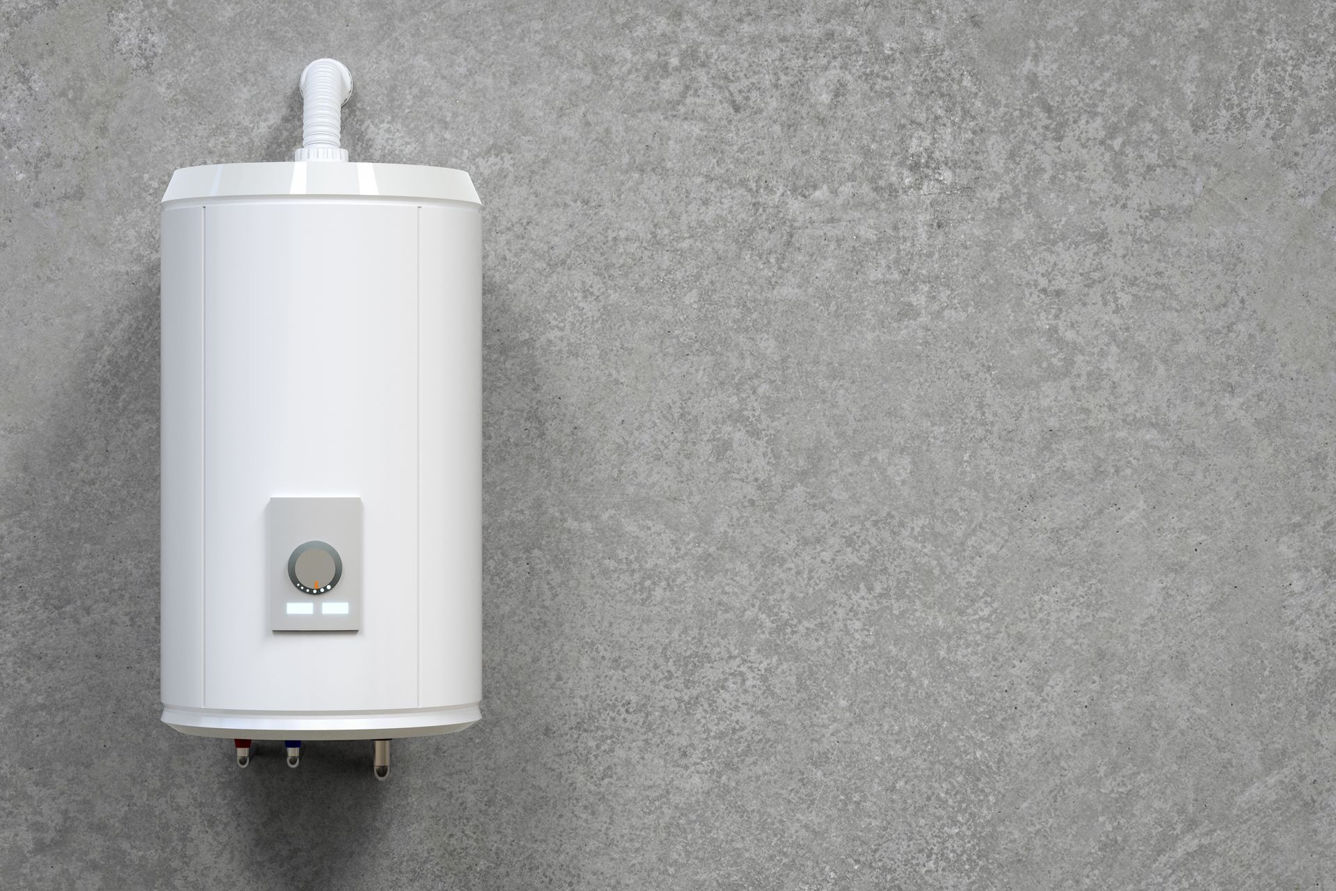 Chauffe-eau mural blanc avec un petit panneau de commande sur un mur texturé gris.