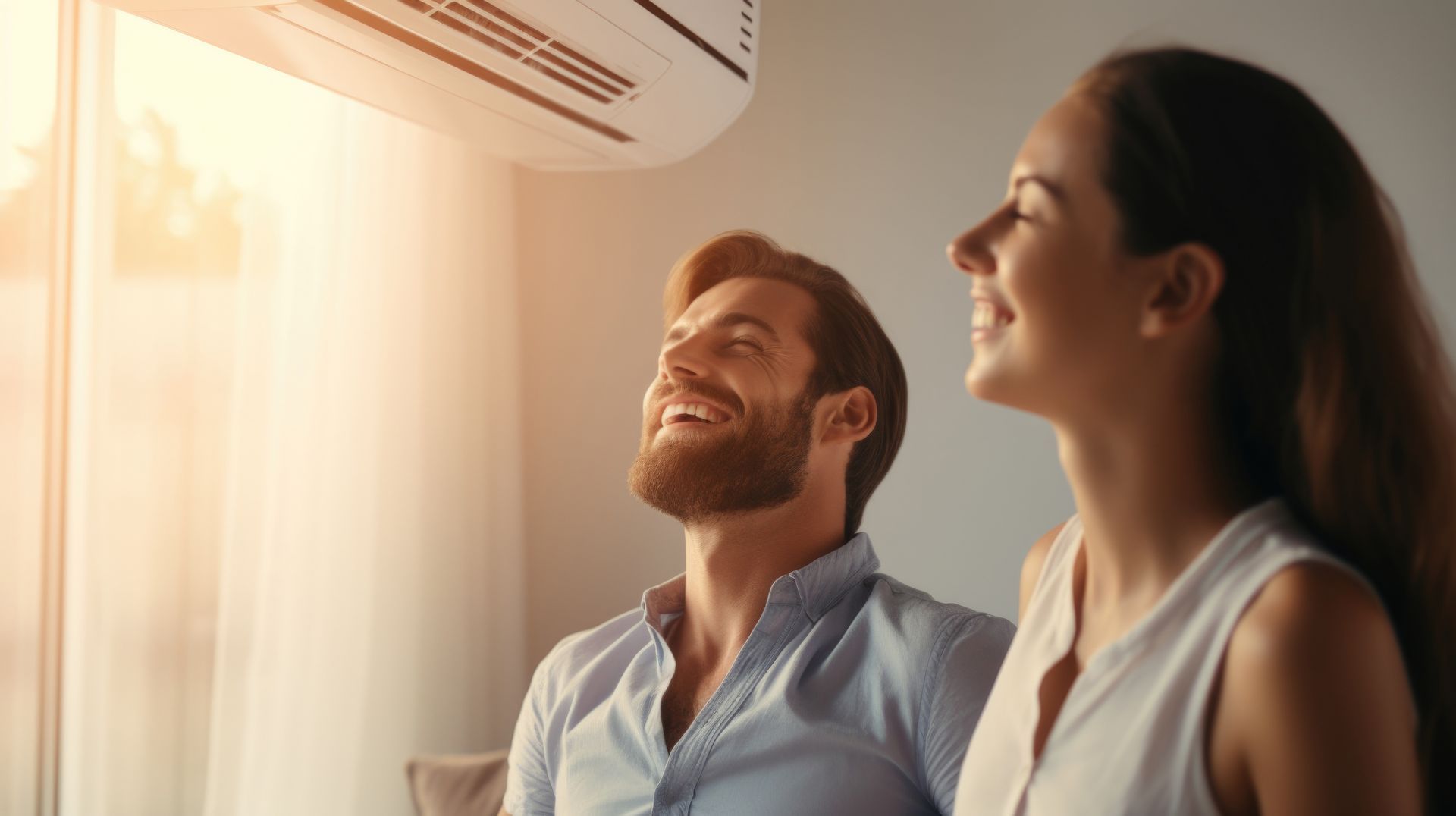 Deux personnes se détendent à l'intérieur, souriant près d'une fenêtre lumineuse baignée de soleil.