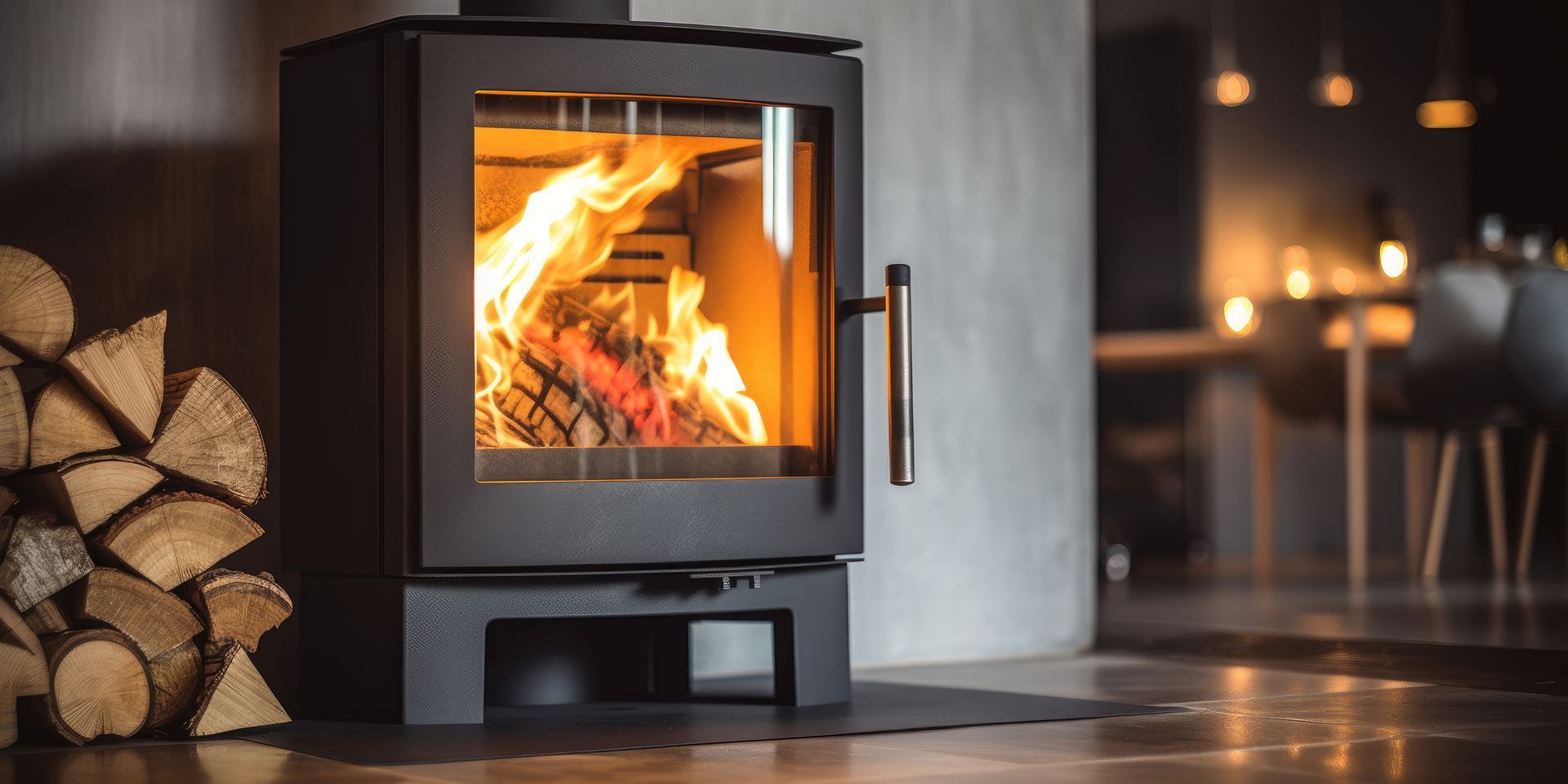 Poêle à bois moderne avec un feu vif qui brûle dans un salon chaleureux.