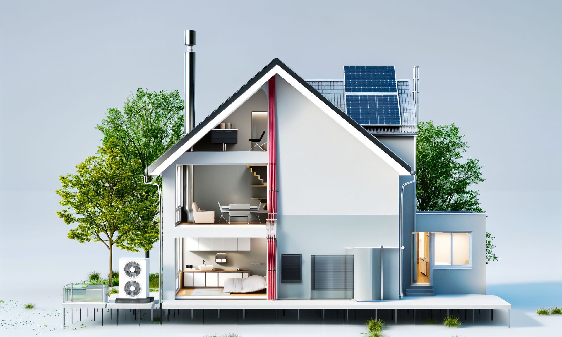 Vue en coupe d'une maison moderne laissant apparaître les pièces intérieures, les panneaux solaires, les arbres et les unités de climatisation.
