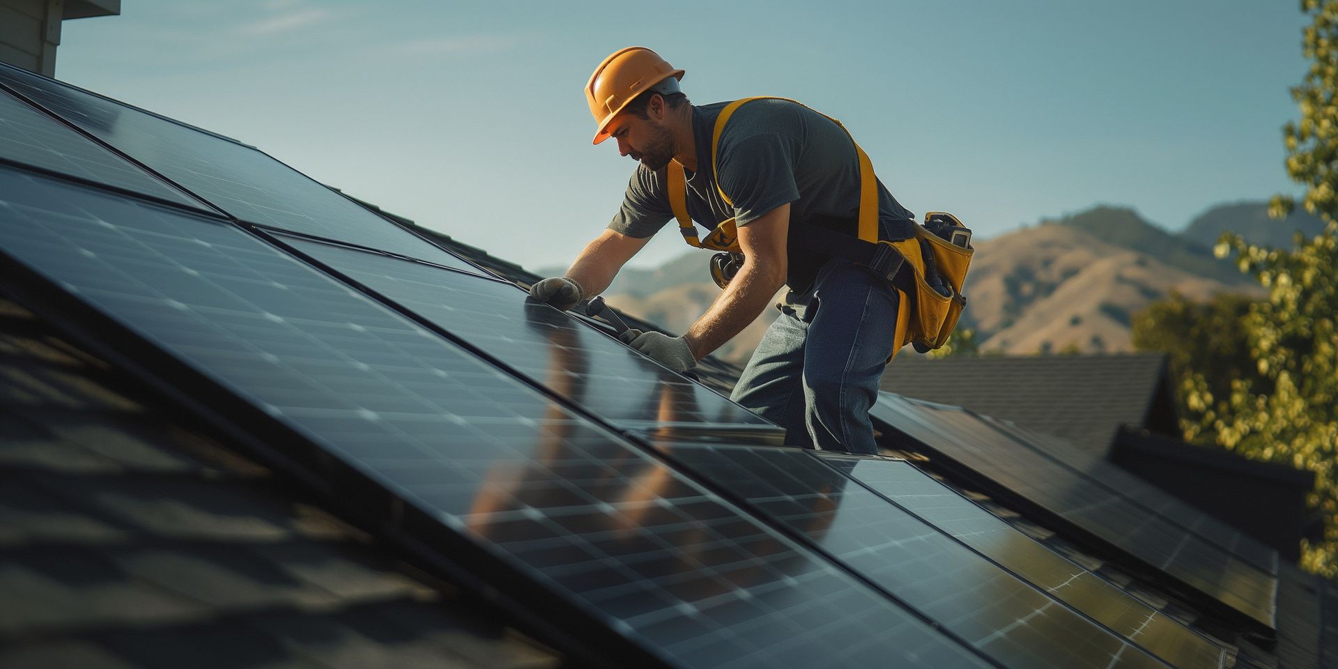 Ouvrier installant des panneaux solaires sur un toit sous un soleil éclatant.