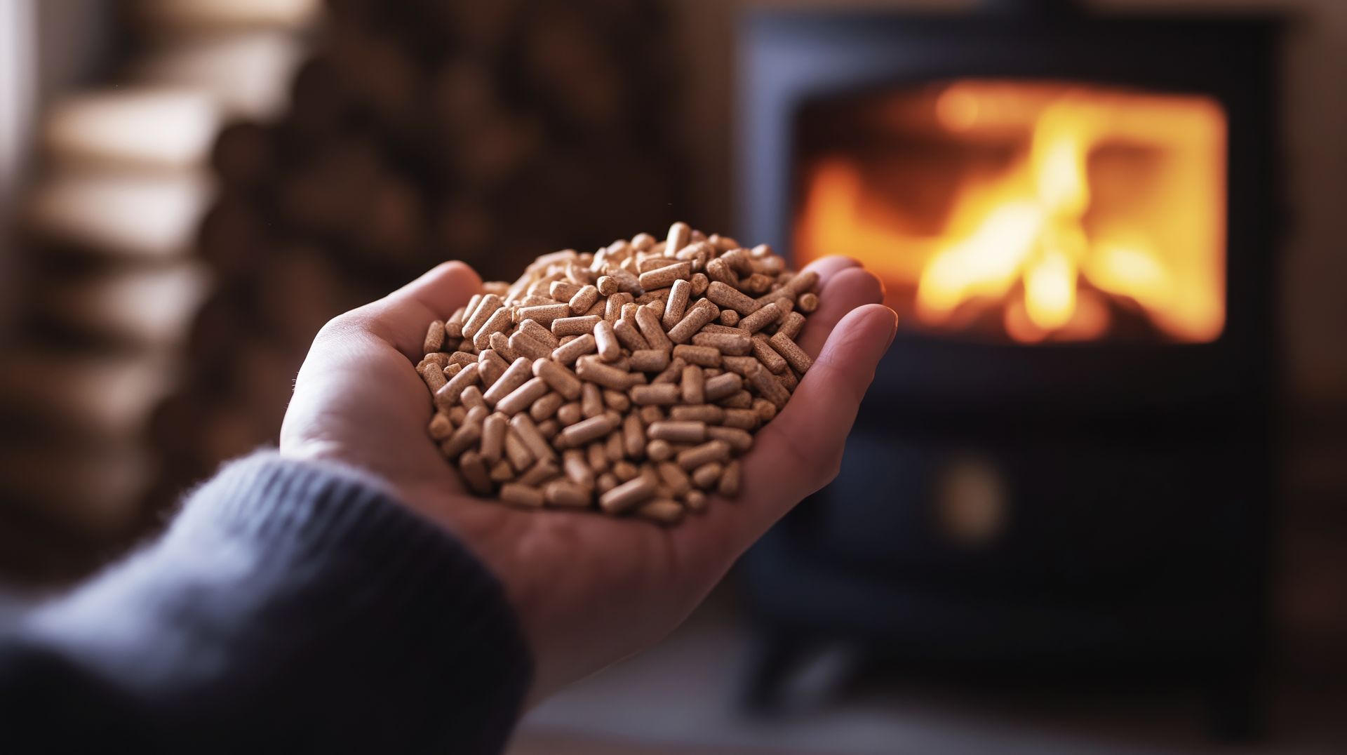 Une main tenant un tas de granulés de bois devant une cheminée allumée.