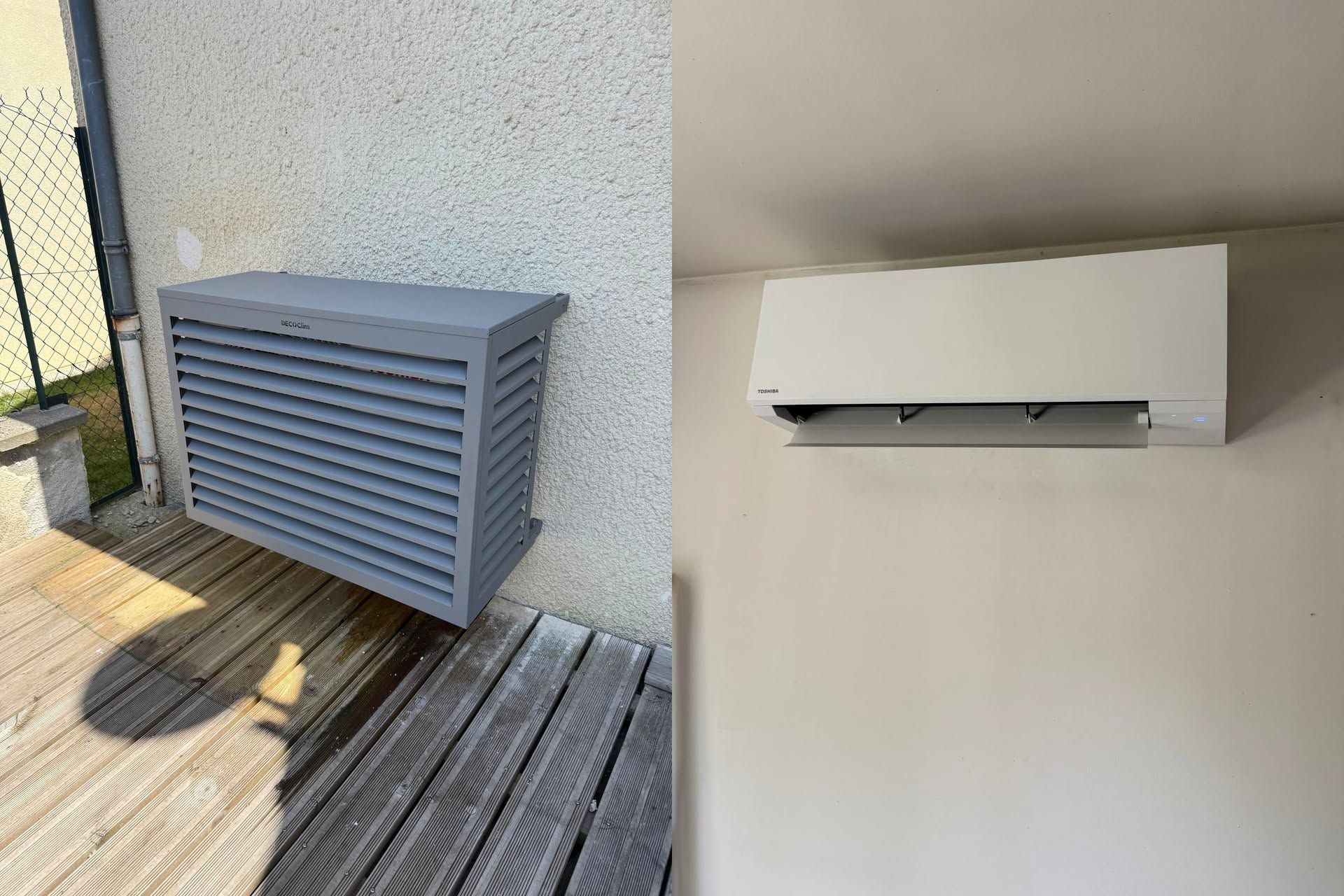 Mur extérieur avec boîte de ventilation grise, unité de climatisation blanche et banc en bois sur une terrasse ensoleillée.