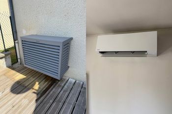 Mur extérieur avec boîte de ventilation grise, unité blanche et banc en bois au soleil.