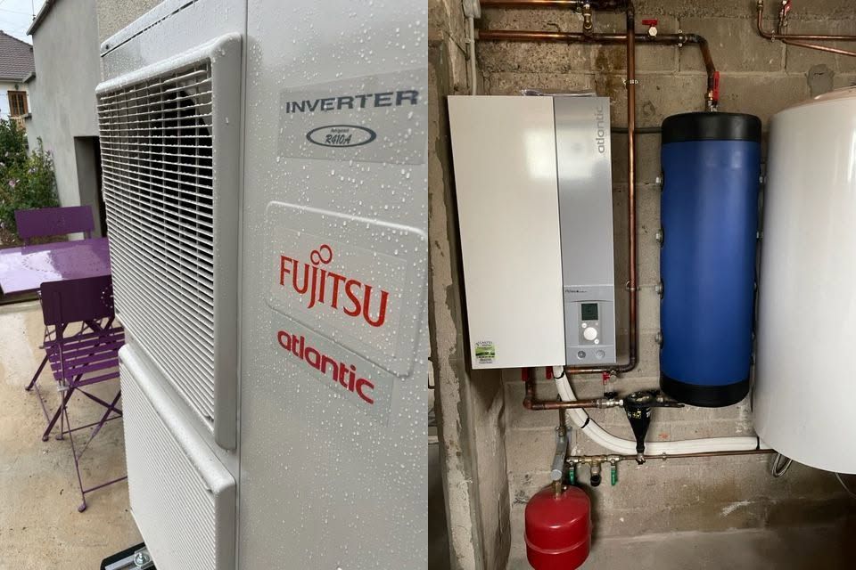Unité de climatisation Fujitsu à côté des tuyaux, du boîtier électrique et du réservoir bleu dans une buanderie