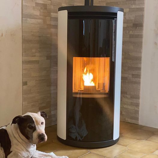 Un bouledogue à côté d'un poêle à granulés noir moderne, avec un feu qui brûle à l'intérieur.