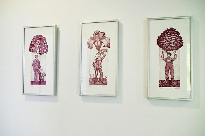 An einer weißen Wand hängen drei Gemälde.