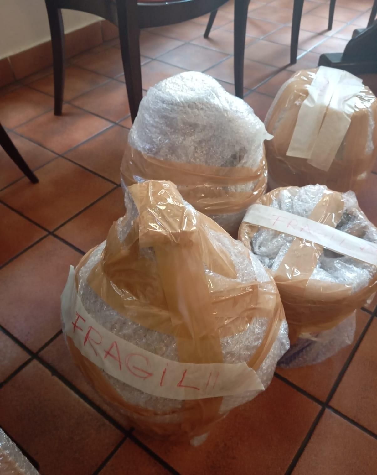 Camiones de mudanza blancos estacionados frente a un edificio con la etiqueta 