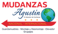 Logotipo de "Mudanzas Agust&iacute;n", empresa de mudanzas. Texto rojo, letras azules, globo terr&aacute;queo y flecha.