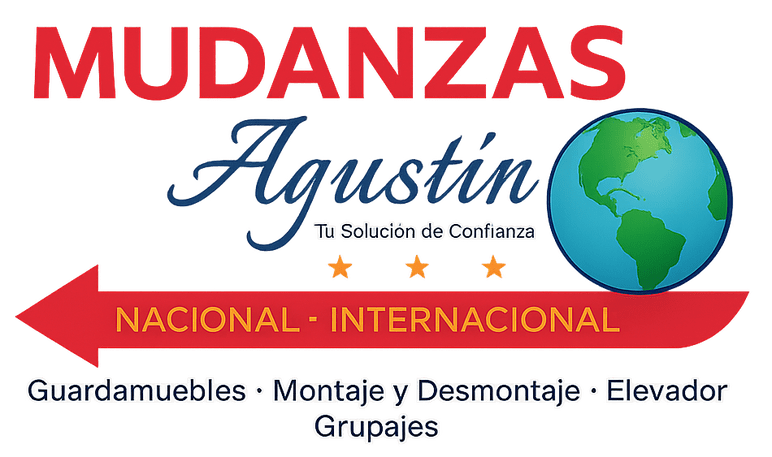 Logotipo de "Mudanzas Agust&iacute;n", empresa de mudanzas. Texto rojo, letras azules, globo terr&aacute;queo y flecha.