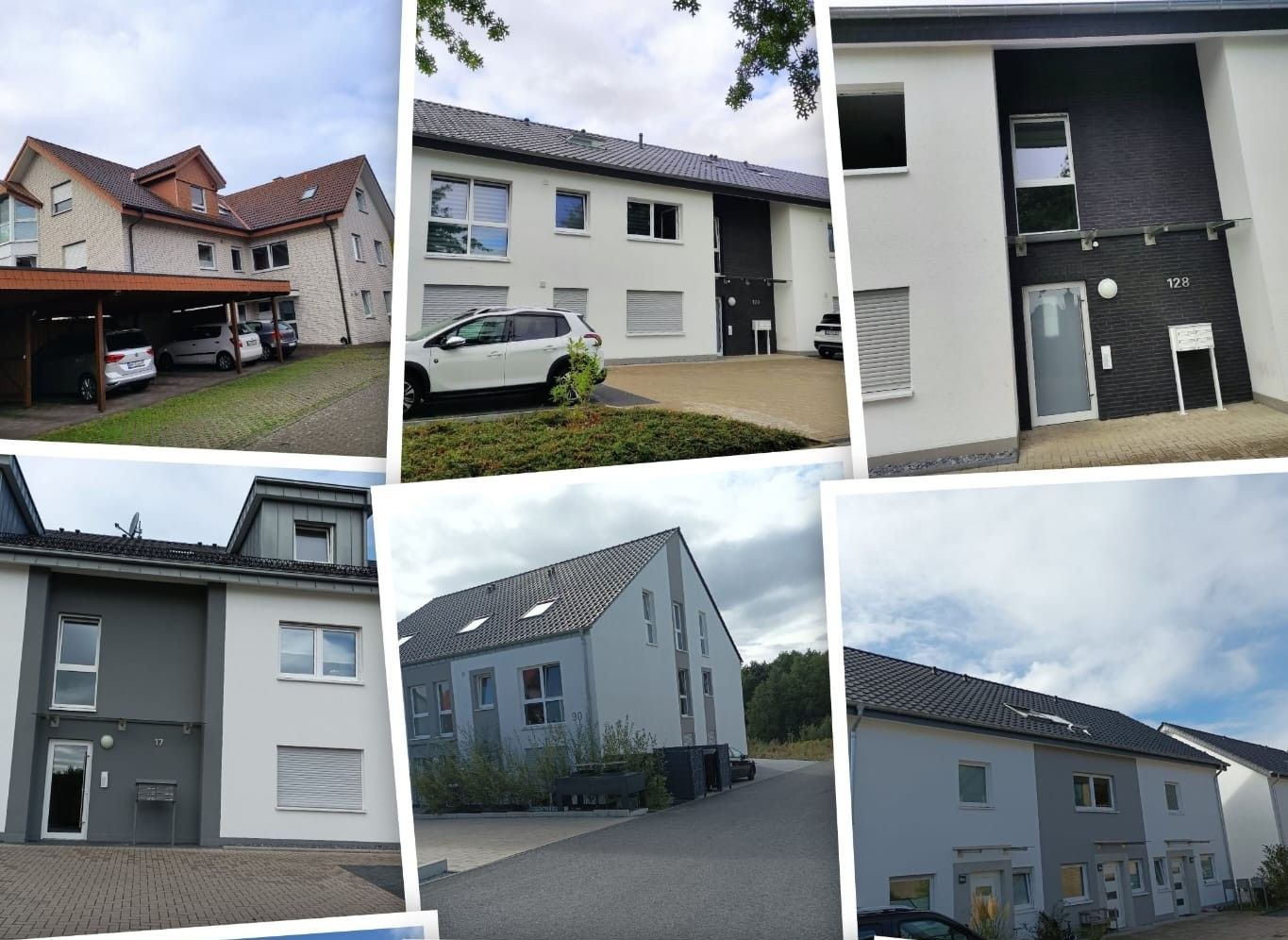 Collage verschiedener moderner Wohngebäude mit weißen und grauen Fassaden in einem Wohnviertel.