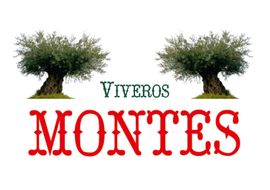 Logotipo con dos olivos y el texto “VIVEROS MONTES” en verde y rojo.
