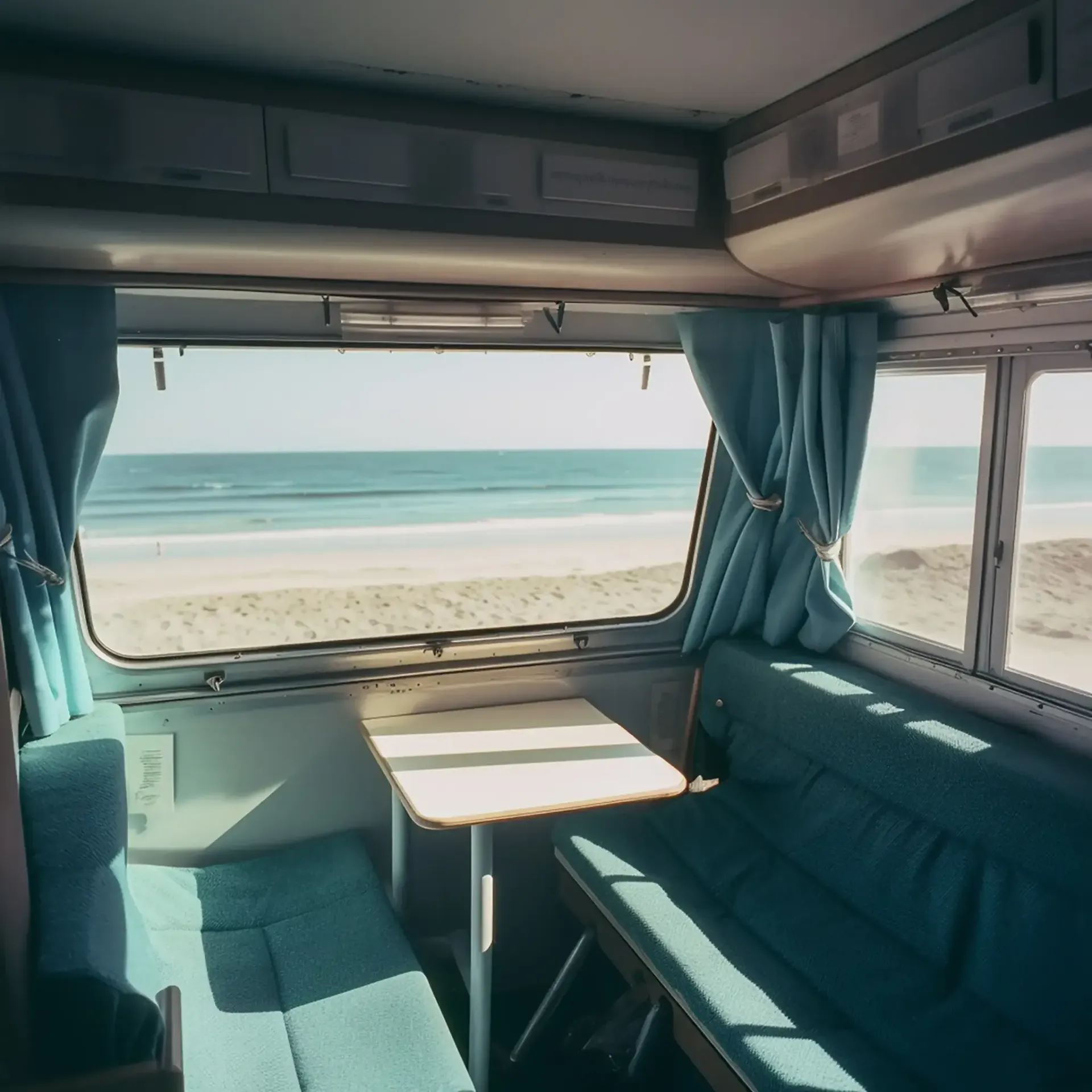 Interior de una autocaravana con asientos y cortinas azules, con vistas a la playa y al océano.