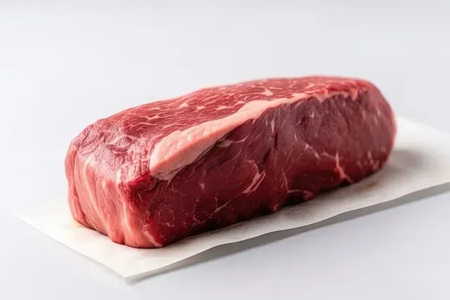 Un gran trozo de carne cruda reposa sobre un trozo de papel encerado.