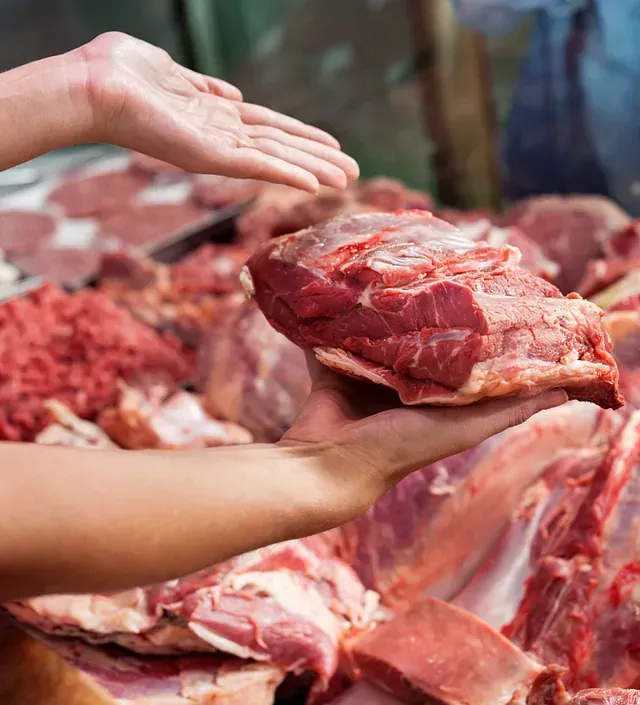 Una persona sostiene un trozo de carne en su mano frente a una pila de carne.