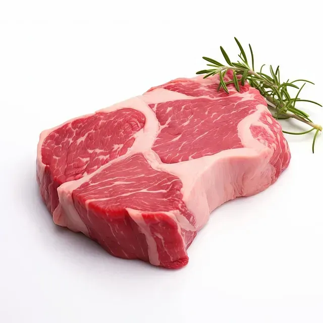 Un trozo de filete crudo con una ramita de romero sobre una superficie blanca