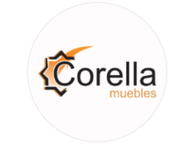 Logotipo de Corella muebles: Emblema en forma de estrella de color naranja y negro con el nombre de la empresa, "Corella muebles", sobre un círculo blanco.