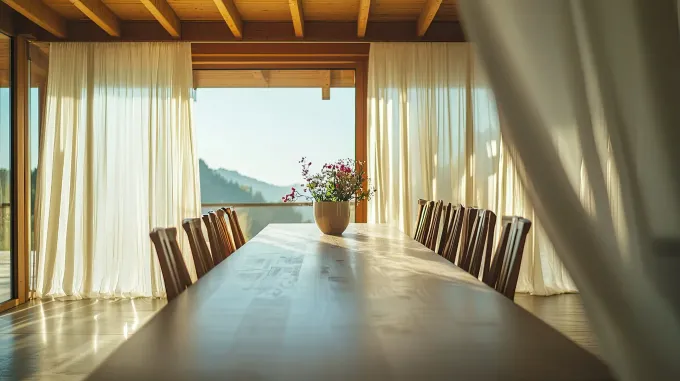 Mesa de comedor larga de madera para invitados, con vistas a las montañas, con flores y cortinas.