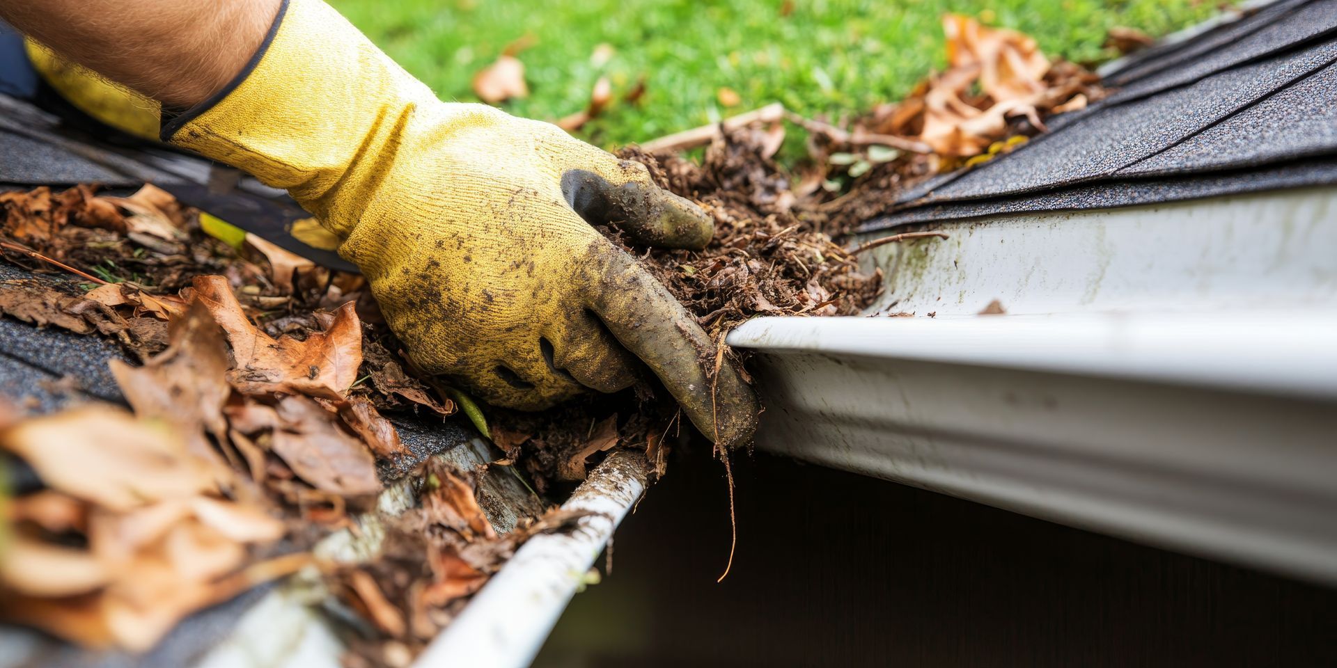 Main gantée qui retire les feuilles d'une gouttière