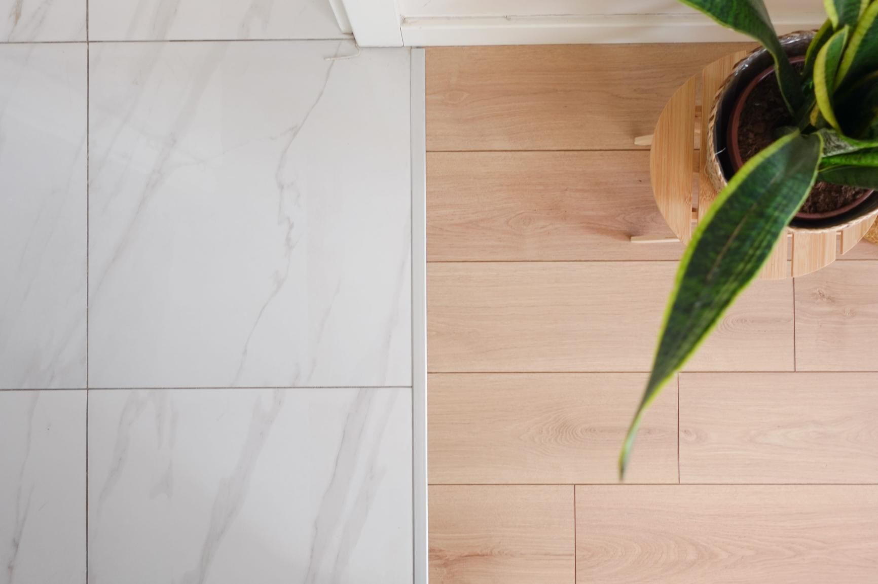 Suelo de baldosas junto a un suelo de madera clara con una planta verde en maceta en el borde.