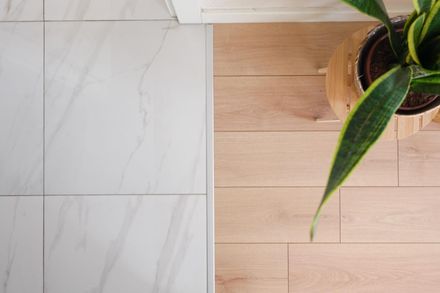 Suelo de baldosas junto a un suelo de madera clara con una planta verde en maceta en el borde.