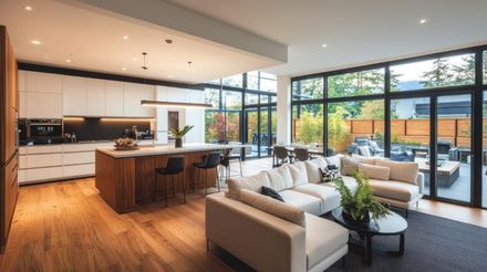 Salón-cocina moderno de planta abierta con suelos de madera, sofás blancos y grandes puertas de cristal que dan a un patio.