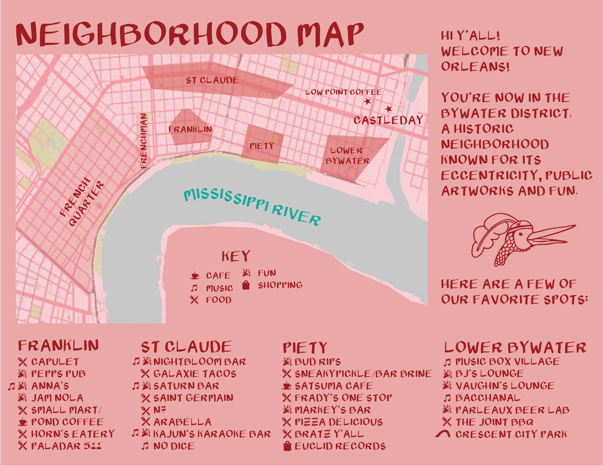 Neighborhood map of New Orleans, highlighting areas like French Quarter and Lower Bywater, with text annotations.