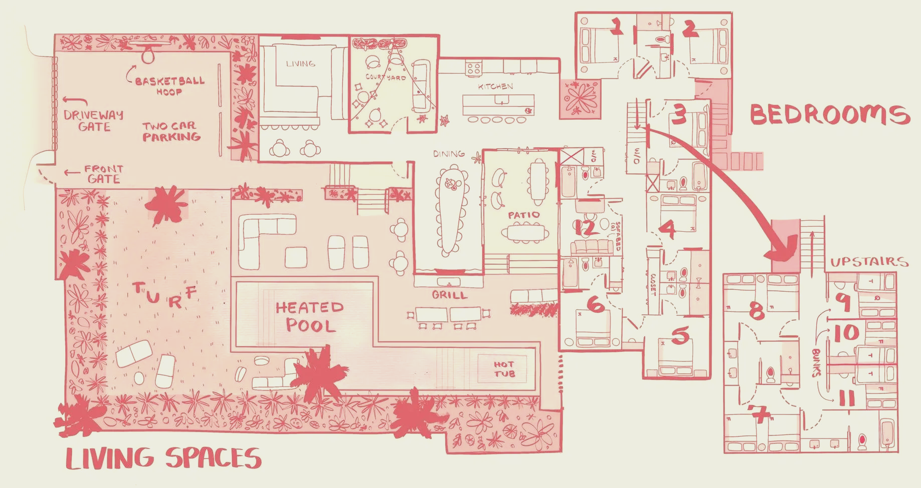 Floor plan of a mid-century modern house, showing living spaces, bedrooms, pool, and landscaping.